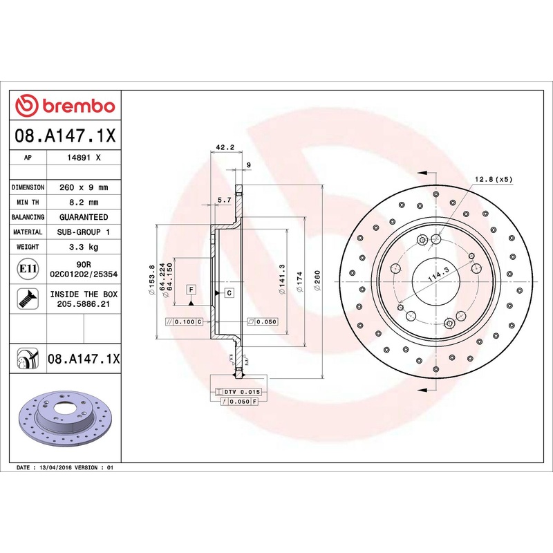 XTRA Drilled Rear Disc Brake Rotor - 08.A147.1X