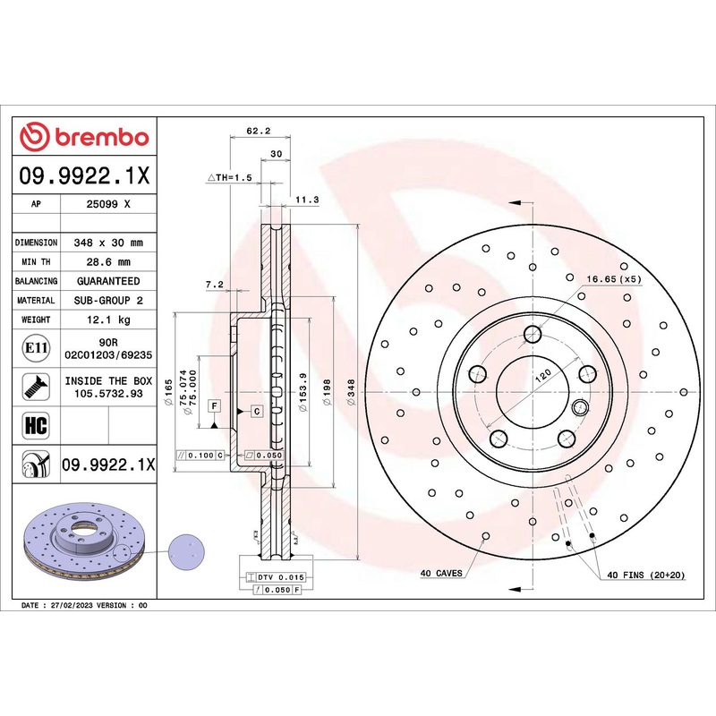 XTRA Drilled Front Disc Brake Rotor - 09.9922.1X