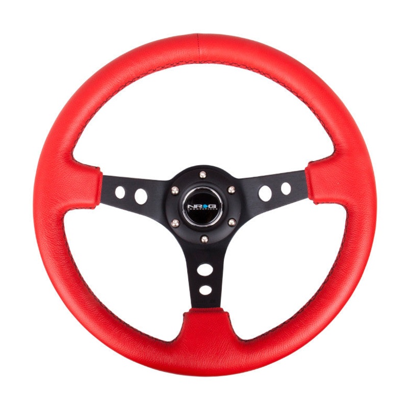 NRG ST-006 Series Steering Wheel (3" Deep) Red Leather, Black Stitching, Black 3 Spoke (350mm)