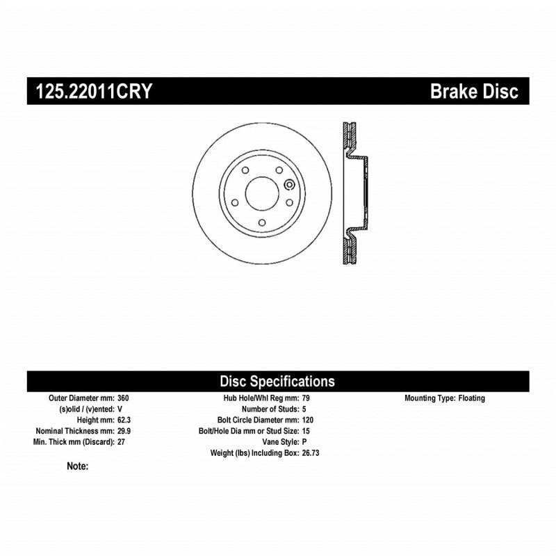 Stoptech Centric 06-09 Land Rover Range Rover 4.2L V8 Supercharged Front Premium High Carbon Cryo Brake Rotor