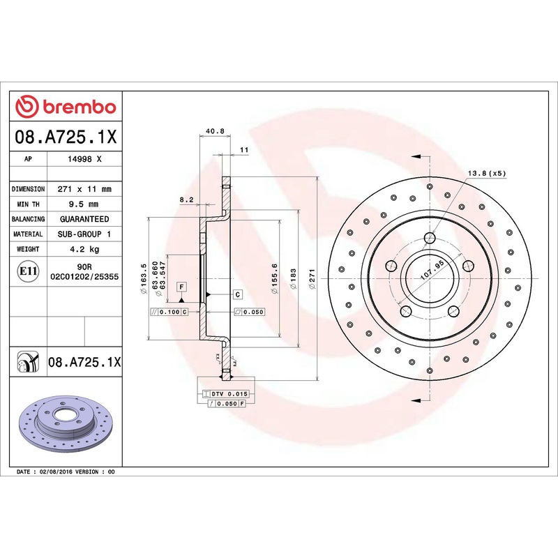 XTRA Drilled Rear Disc Brake Rotor - 08.A725.1X