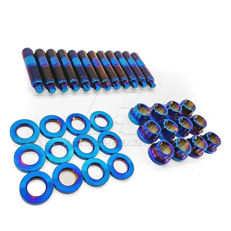 PHR Titanium Stud and Nut Kit, for Turbo Manifolds-Set of (12) for GTE Cylinder Head-(12) 6 Point Nuts with Washers