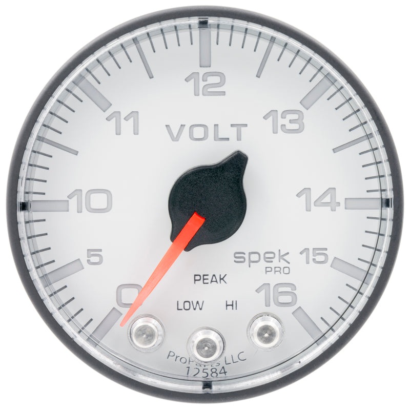 Autometer Spek-Pro Gauge Voltmeter 2 1/16in 16V Stepper Motor W/Peak & Warn White / Black Universal | P344128