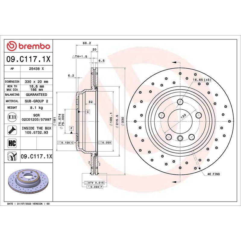 XTRA Drilled Rear Disc Brake Rotor - 09.C117.1X