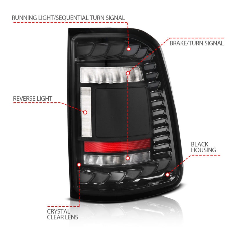 ANZO 19-24 RAM 1500 (Factory LED Models ONLY) Full LED Tail Lights SeqSig Black - Pair