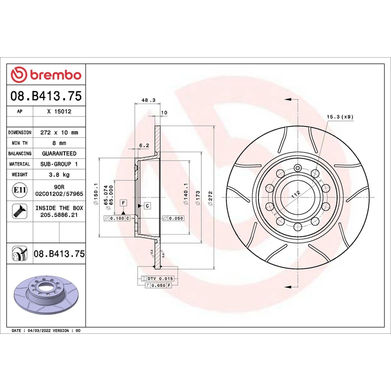 XTRA Max Slotted Rear Disc Brake Rotor - 08.B413.75